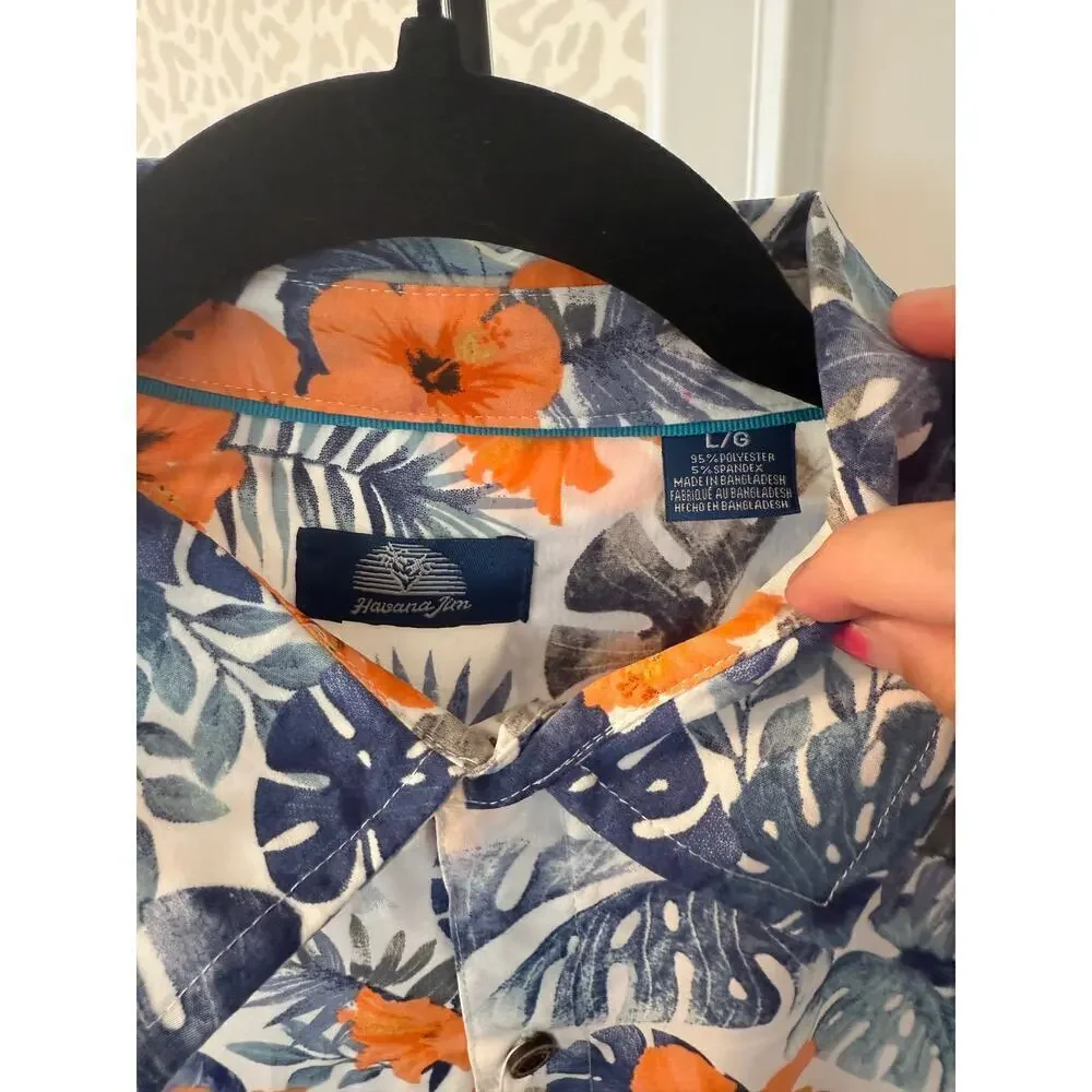 Havana Jim Men's White Blue Floral-Print Hawaiian Shirt Size L